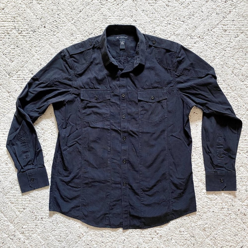 INC International Concepts Gray Chambray Button-Up Shirt w/ Epaulets, Size Large